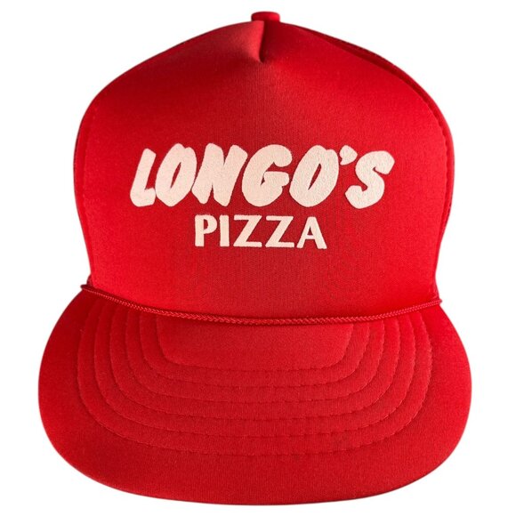 Vintage 80s Longos Pizza Red Trucker Hat Snapback Mesh Cap Adult Fit All - Picture 1 of 6